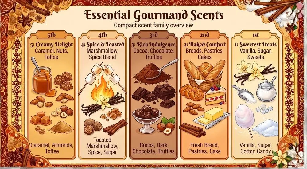 A warm infographic titled 'Essential Gourmand Scents' showcasing five sweet fragrance categories with cozy, detailed food and dessert illustrations.