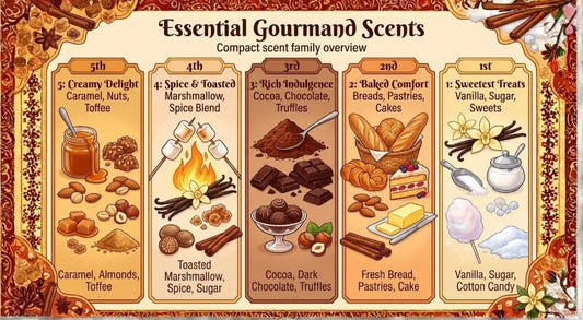 A warm infographic titled 'Essential Gourmand Scents' showcasing five sweet fragrance categories with cozy, detailed food and dessert illustrations.