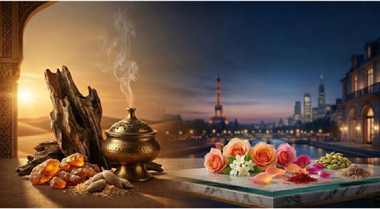 "Oriental luxury perfume ingredients with oud burner, amber, and roses against a Paris skyline and Eiffel Tower background."