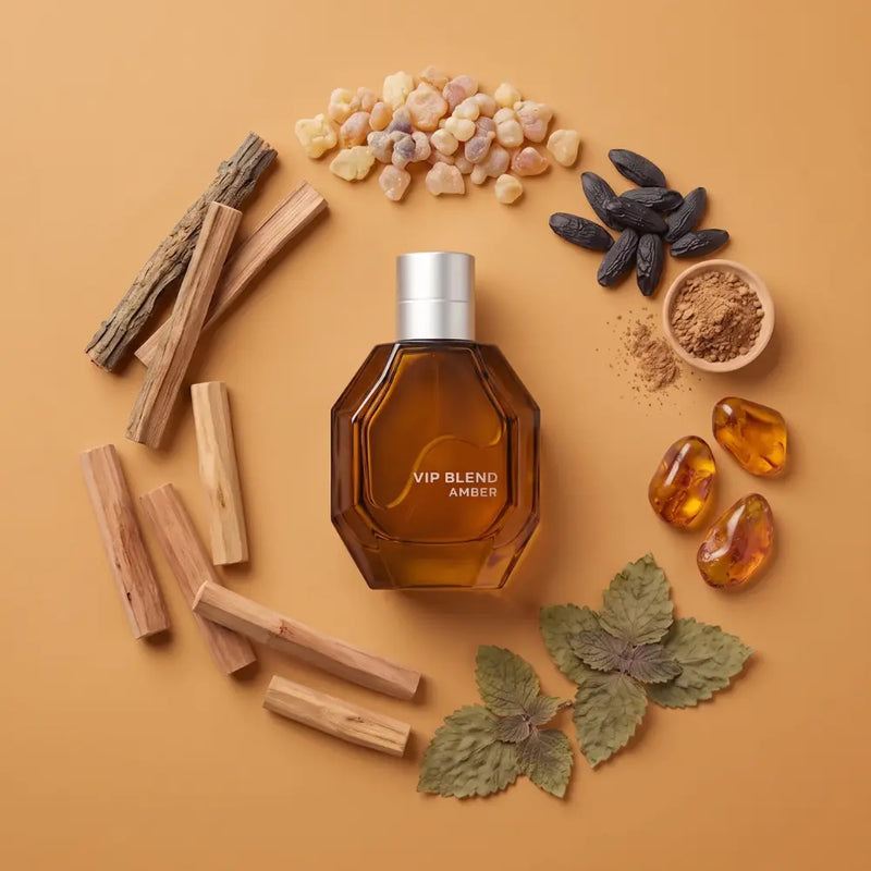 "Amber perfume bottle surrounded by natural ingredients in a circle."