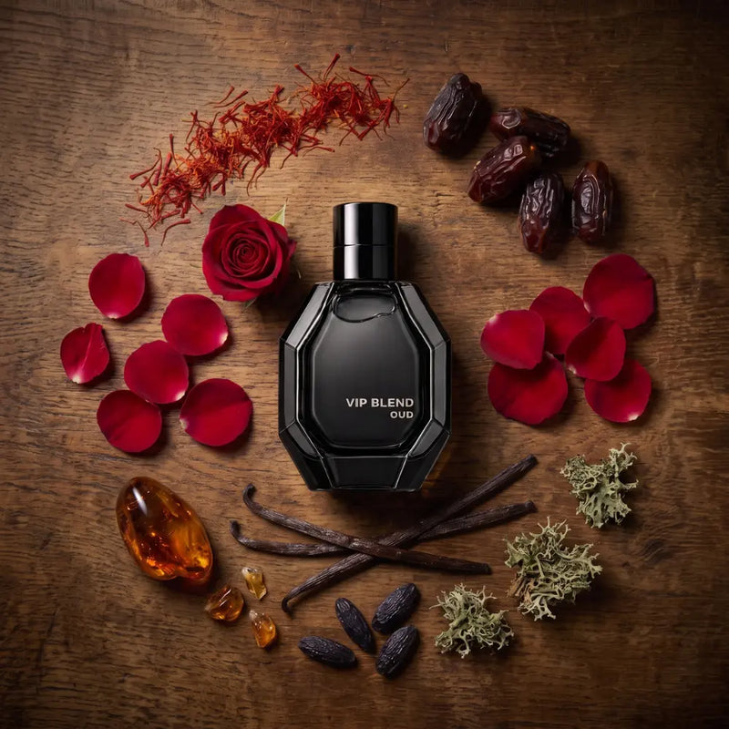 Black VIP BLEND OUD perfume bottle with raw ingredients fragrance note