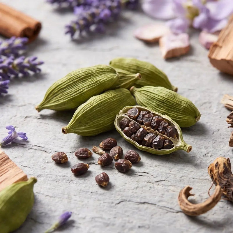 Green cardamom pods with one cracked open to show dark brown seeds, arranged on a gray stone surface with scattered seeds, cinnamon sticks, lavender flowers, and dried botanicals.