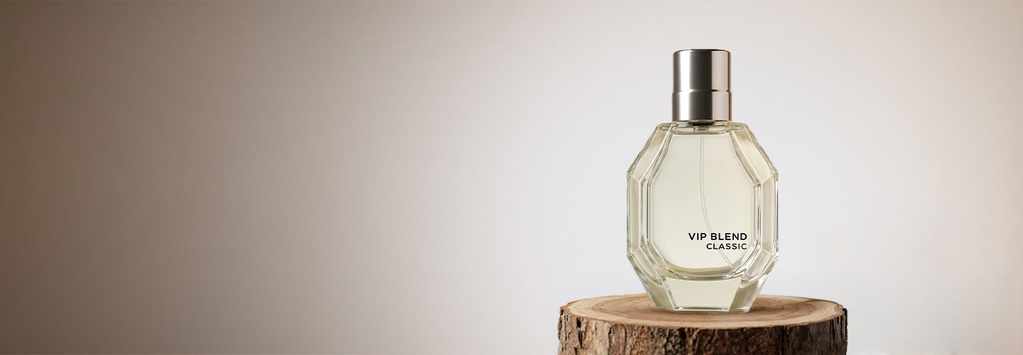 Perfume bottle on a wooden stand with a neutral background