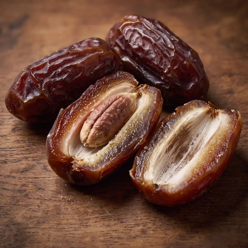 Sweet dried dates on a rustic dark wooden background fragrance note