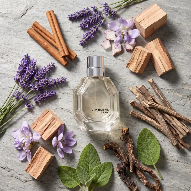 A clear glass perfume bottle labeled 'VIP BLEND CLASSIC' with a silver cap, arranged on a gray stone surface with lavender flowers, cinnamon sticks, wood blocks, and green leaves as scent-inspired props.