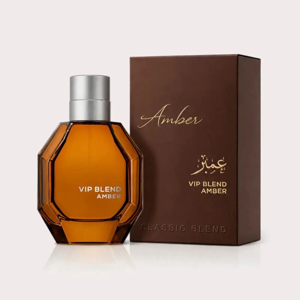 VIP Blend Amber perfume bottle and packaging on a white background