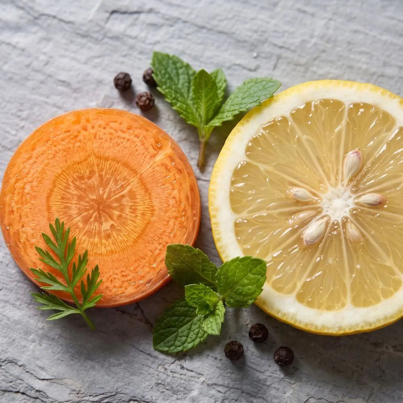 A top-down styled food photo showing a halved orange carrot and a halved lemon on a gray stone surface, with mint leaves and a few dark peppercorns scattered around them.