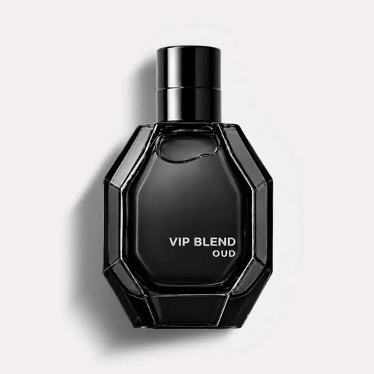 Black perfume bottle labeled 'VIP Blend Oud' on a light gray background
