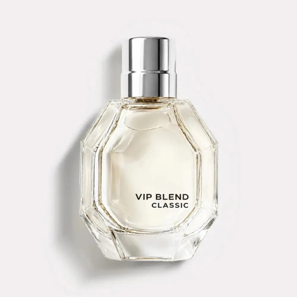 Perfume bottle labeled 'VIP Blend Classic' on a light gray background