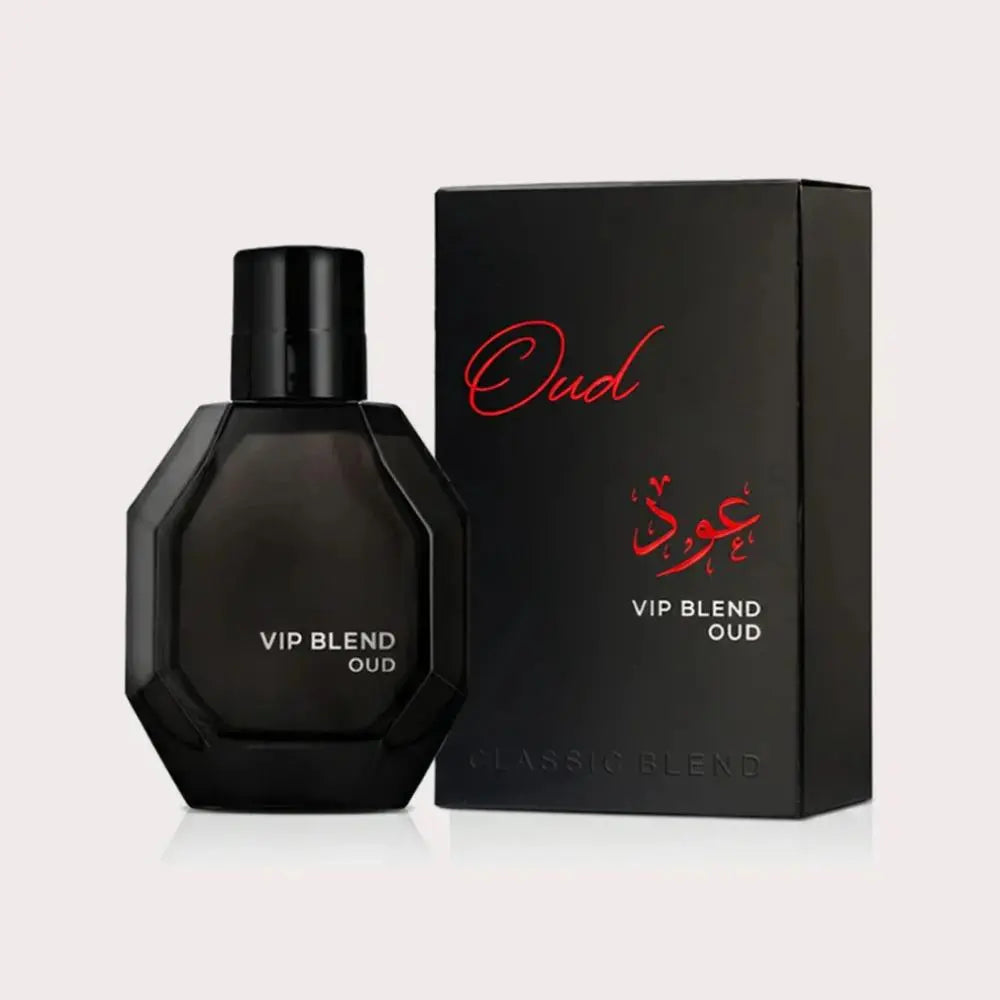Black perfume bottle and packaging with 'Oud' branding on a white background